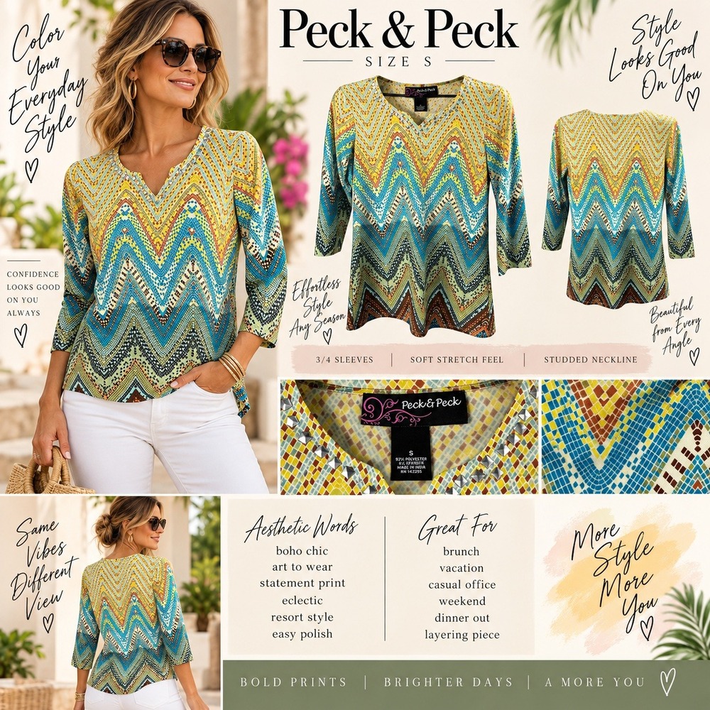 Peck & Peck Womens V-Neck Mosaic Chevron Studded Top Blue Yellow S Boho Eclectic